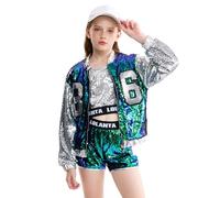 LOLANTA 4-Piece Girls Hip Hop Sequins Costume, Sparkly Graphic Jacket, Shiny Crop Tank Top, Metallic Shorts, Mermaid green, 5-6 Years, 120
