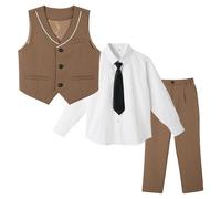 LOLANTA 4 Piece Kids Waistcoat Suit, Boys Wedding Party Suit, Page Boy Formal Outfit, Vest Pants Shirt Bow Tie(8-9 Yrs, Coffee, Tag Size 140)