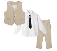 LOLANTA 4 Piece Kids Waistcoat Suit, Boys Wedding Party Suit, Page Boy Formal Outfit, Vest Pants Shirt Bow Tie(6-7 Yrs, Khaki, Tag Size 130)