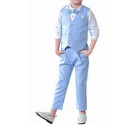 LOLANTA 4PCS Page Boys Wedding Waistcoat, Check Vest Shirt Pants Bow Tie Suit Set(Blue,10-11 Years,tag 150)