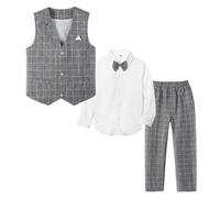 LOLANTA 4PCS Page Boys Wedding Waistcoat, Check Vest Shirt Pants Bow Tie Suit Set(Dark Gray,12-13 Years,tag 170)