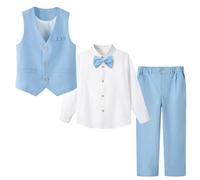 LOLANTA 4PCS Page Boys Wedding Waistcoat Trousers Suit, Kids Linen Formal Suit Vest, White Shirt, Trousers and Bowtie Set, Christening Ceremony Prom Birthday Partywear, LightBlue, 10-11 Years, 150