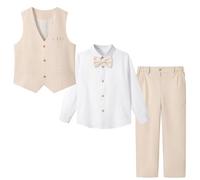 LOLANTA 4PCS Page Boys Wedding Waistcoat Trousers Suit, Kids Linen Formal Suit Vest, White Shirt, Trousers and Bowtie Set, Christening Ceremony Prom Birthday Partywear, Beige, 7-8 Years, 130