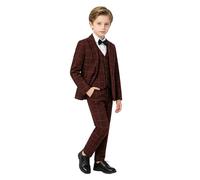 LOLANTA 5 Piece Boys Burgundy Suit Set, Red Checked Christmas Suit for Boys, Page Boy Wedding Prom Suit, Kids Formal Tuxedo Jacket Pants Vest Shirt Bow Tie(WineRed, 4-5 Years, 110)