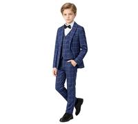 LOLANTA Boys Blue Suit Set, 5-Piece Formal Tuxedo, Checked Blazer, Trousers, Vest, Shirt, Bow Tie (Blue, 11-12 Years, 160)