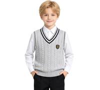LOLANTA Boys Girls Grey Knitted Vest V-Neck School Jumper Sleeveless Knitwear Sweater Pullover for Kids 5-11 Years(Grey, 5-6 Years, 120)