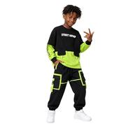 LOLANTA Boys Hip Hop Dance Outfit Colour Block Loose Fit Sweatshirt and Cargo Trousers Street Dance Clothing Set for Kids(Black, 9-10 Years, 140)
