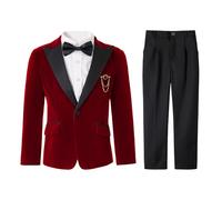 LOLANTA Boys Red Peak Lapel Velvet Blazer Suits, Page Boy Wedding Suit, Kids Christmas Party Suit Set for Boys Jacket Trousers Shirt Bow Tie(Red Peak Lapel, 13-14 Years, 170)