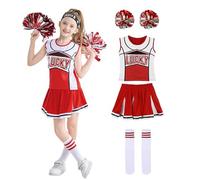 LOLANTA Girls Blue & Red Cheerleading Costume with Pompoms & Socks, Halloween Party Cheers Fancy Dress, 5-13 Years