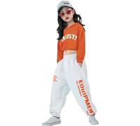 LOLANTA Girls Cropped Hoodie & Parachute Baggy Joggers, Hip Hop Dance Outfits, Kids Casual Wear, Dance Costume, Orange, 8-9 Years, 140