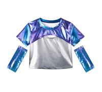 LOLANTA Girls Metallic Dance Top Kids Sparkly Disco Hip Hop Jazz Performance Tops Shiny Ballet Dance Tops with Metallic Arm Sleeves, Blue Purple, 10-11 Years, 150