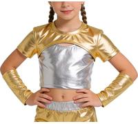 LOLANTA Girls Metallic Top Kids Sparkly Disco Hip Hop Performance Tops Shiny Ballet Dance Tops with Metallic Arm Sleeves, Gold, 6-7 Years, 130