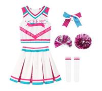 LOLANTA Girls Pink Cheerleader Costume Kids Cheerleading Outfit with Pompoms Socks, World Book Day Costumes for Girls(Pink,5-6 Years,Tag Size 120)