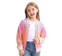 LOLANTA Girls Sequin Bomber Jacket with Pockets Zipper Long Sleeve Sparkle Baseball Jackets, Candy, 11-12 Years, 160