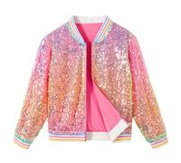 LOLANTA Girls Sequin Bomber Jacket with Pockets Zipper Long Sleeve Sparkle Baseball Jackets, Candy, 12-13 Years, 170