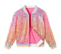 LOLANTA Girls Sequin Bomber Jacket with Pockets Zipper Long Sleeve Sparkle Baseball Jackets, Iridescent Pink, 12-13 Years, 170