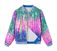 LOLANTA Girls Sequin Bomber Jacket with Pockets Zipper Long Sleeve Sparkle Baseball Jackets, Ombre blue pink, 4-5 Years, 110