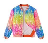 LOLANTA Girls Sequin Bomber Jacket with Pockets Zipper Long Sleeve Sparkle Baseball Jackets, Ombre orange pink, 8-9 Years, 140
