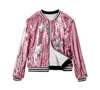 LOLANTA Girls Sequin Bomber Jacket with Pockets Zipper Long Sleeve Sparkle Baseball Jackets, Pink, 5-6 Years, 120