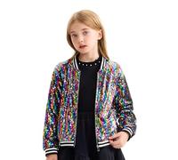 LOLANTA Girls Sequin Bomber Jacket with Pockets Zipper Long Sleeve Sparkle Baseball Jackets, Rainbow, 10-11 Years, 150