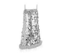 LOLANTA Girls Sequin Dress Detachable Fuzzy Hem Party Outfit Sleeveless Fully Lined Sparkling Dress Christmas Partywear Birthday Outfit, Silver, 9-10 Years, 140