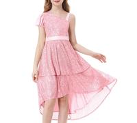 LOLANTA Girls Sequin Dress Elegant Princess Party Dress Sparkling Sleeveless Shoulder Strap Dresses, Pink, 7-8 Years, 130