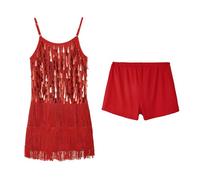 LOLANTA Girls Sequin Fringe Dance Costume, Kids Salsa Rumba Latin Dancing Clothes Set, Sparkling Sleeveless Tassel Dance Mini Dress with Shorts, Red, 10-11 Years, 150