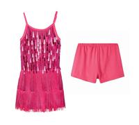 LOLANTA Girls Sequin Fringe Dance Costume, Kids Salsa Rumba Latin Dancing Clothes Set, Sparkling Sleeveless Tassel Dance Mini Dress with Shorts, Pink, 8-9 Years, 140