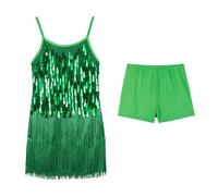 LOLANTA Girls Sequin Fringe Dance Costume, Kids Salsa Rumba Latin Dancing Clothes Set, Sparkling Sleeveless Tassel Dance Mini Dress with Shorts, Green, 8-9 Years, 140