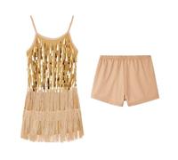 LOLANTA Girls Sequin Fringe Dance Costume, Kids Salsa Rumba Latin Dancing Clothes Set, Sparkling Sleeveless Tassel Dance Mini Dress with Shorts, Gold, 6-7 Years, 130