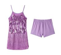 LOLANTA Girls Sequin Fringe Dance Costume, Kids Salsa Rumba Latin Dancing Clothes Set, Sparkling Sleeveless Tassel Dance Mini Dress with Shorts, Purple, 6-7 Years, 130