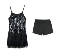 LOLANTA Girls Sequin Fringe Dance Costume, Kids Salsa Rumba Latin Dancing Clothes Set, Sparkling Sleeveless Tassel Dance Mini Dress with Shorts, Black, 11-12 Years, 160