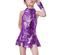 LOLANTA Girls Sequins Jazz Dance Costume Child Sparkle Mini Dress Hip Hop Dance Clothes Set Top+Pants+Socks, Purple, 6-7 Years, 130