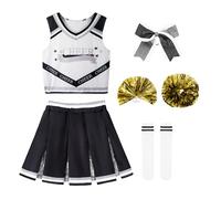 LOLANTA Girls Zombie Cheerleader Costume Kids Black Cheerleading Outfit with Pompoms Socks, Halloween Cheerleader Fance Dress(Black, 9-10 Years,Tag Size 140)