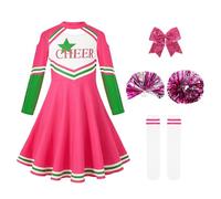 LOLANTA Kids Pink Cheerleading Costume, Girls Long Sleeve Cheerleader Dress with Pom Poms Socks, Halloween Cheerleader Uniform Outfits(Pink,5-6 Years,Tag Size 120)
