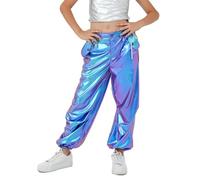 LOLANTA Kids Shiny Metallic Dance Trousers Retro Hip Hop Dance Outfit Loose Fit Cargo Pants Elastic Waist Streetwear, Blue Purple, 11-12 Years, 160