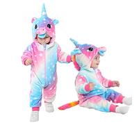 LOLANTA Toddler Rainbow Unicorn Costume Girls, Plush Hooded Romper for Baby, Blue Pink,12-18 Month,Tag 90