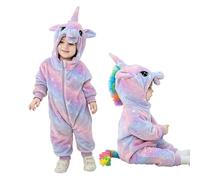 LOLANTA Toddler Rainbow Unicorn Costume Girls, Plush Hooded Romper for Baby, Purple Pink,12-18 Month,Tag 90