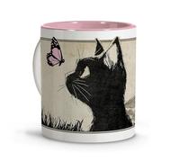 LolaPix Anime Style Cat Mugs - Pink Interior Ceramic, 3.3 oz, Novelty Gift for Cat Lovers
