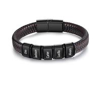 LoLaTide Mens Bracelets Personalised with 1-6 Name Custom Leather Bracelet Engraved Braid Bracelet Gifts for Father's Day Christmas Birthday (5 names)
