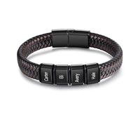 LoLaTide Mens Bracelets Personalised with 1-6 Name Custom Leather Bracelet Engraved Braid Bracelet Gifts for Father's Day Christmas Birthday (4 names)