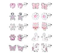 LOLIAS 10 Pairs Cute Screw Back Earrings for Women Girls Stainless Steel Multicolored Heart Flower Butterfly Rainbow CZ Stud Earrings Hypoallergenic Screwback Stud Earring