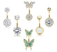 LOLIAS 14G Belly Button Rings Dangle Cute Gold Plated Snake Evil Eye Heart Clear CZ Butterfly Belly Button Rings for Women Belly Piercing Pack, Stainless Steel, cubic zirconia