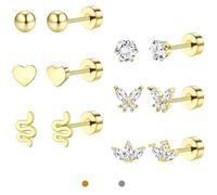 LOLIAS 14K Gold Plated Flat Back Earrings Stainless Steel Stud Earrings for Women Cartilage Helix Conch Tragus Piercing Jewelry Tiny Screw Dainty CZ Earrings Set for Multiple Piercings