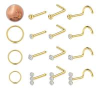 LOLIAS 15pcs Gold Nose Studs & Rings - 14K Gold Plated, 6/8/10MM, Surgical Steel, Women's Nose Piercing Jewellery