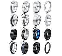LOLIAS 16 Pcs Silver Black Men Rings Stainless Steel Matte Finish Polished Band Chain Celtic Ring Bottle Opener Wedding Band Engagement Promise Fidget Ring