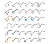 LOLIAS 20G Nose Stud Ring 316L Stainless Steel Nose Piercing CZ Diamond Heart L Shaped/Screw Silver Nose Studs for Women 36PCS Nostril Piercing Jewellery Nose Studs