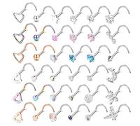 LOLIAS 20G Nose Stud Ring 316L Stainless Steel Nose Piercing CZ Diamond Heart L Shaped/Screw Silver Nose Studs for Women 36PCS Nostril Piercing Jewellery Nose Studs