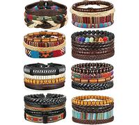 LOLIAS 27/31 Pcs Mixed Wrap Braided Leather Bracelets Wood Beads Bracelet Man's Cuff Vintage Leather Adjustable Fashion Bracelets Evil Eye Bracelets Wristband (Style B)