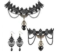 LOLIAS 3Pcs Halloween Necklace Bracelet Earrings Set for Women Black Lace Lolita Steampunk Vampire Victorian Gothic Christmas Costume Jewelry Set